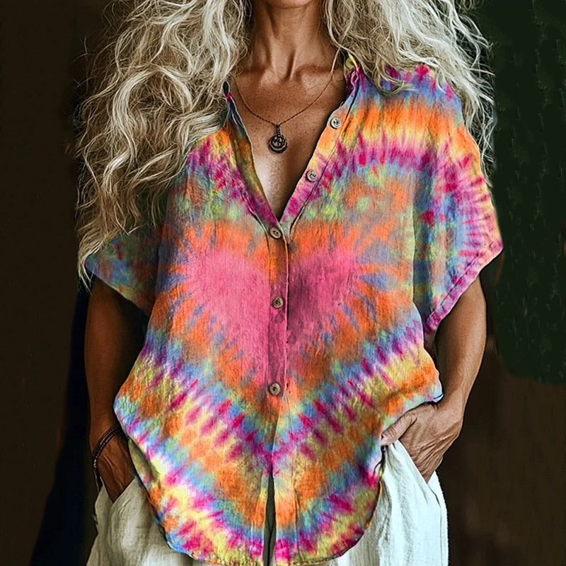 Comstylish Women's Tie-dye Heart Art Print Casual Short Sleeve Shirt