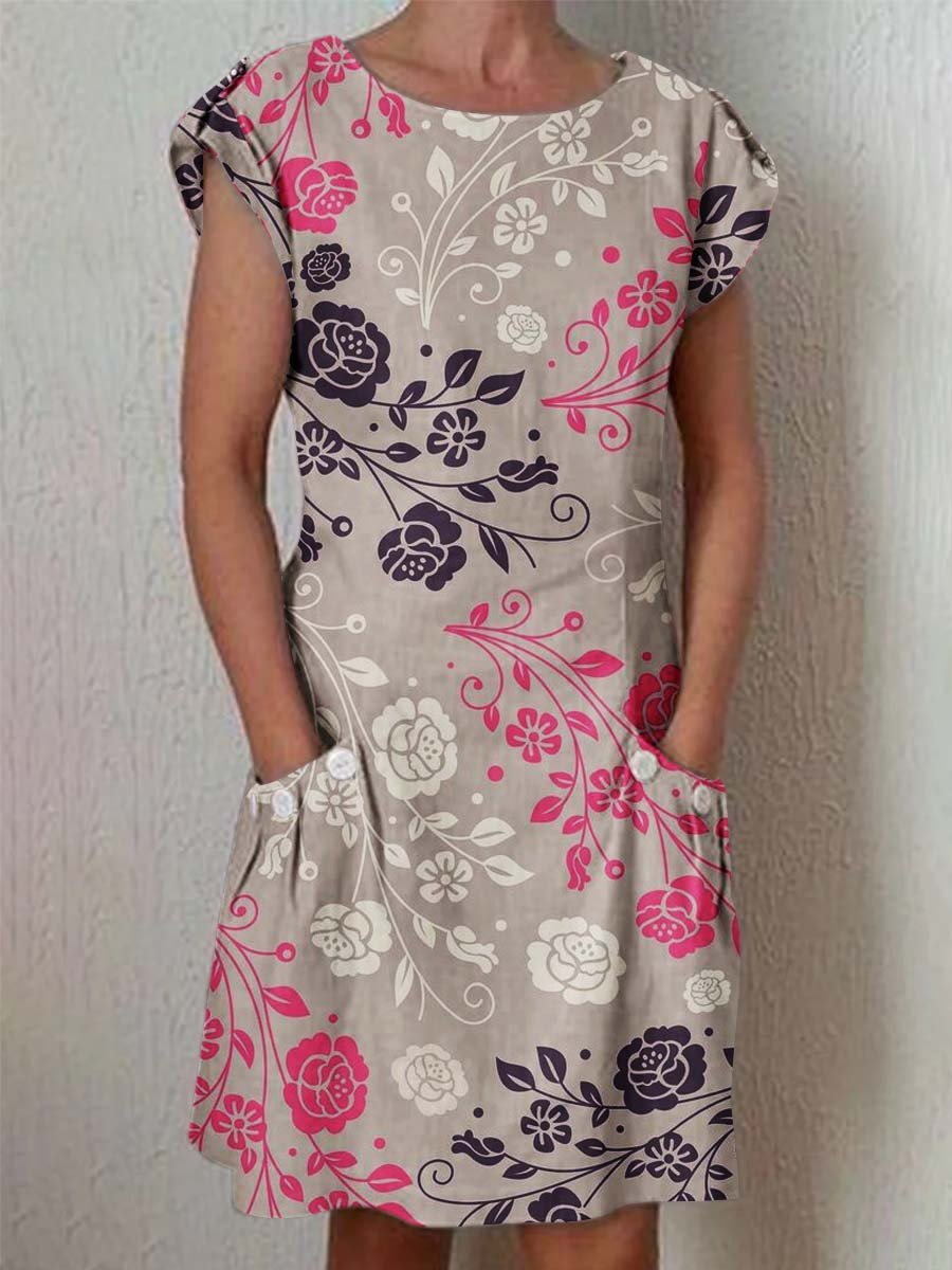 Women's Classic Floral Pattern Vintage Cotton and Linen Dress with Pockets