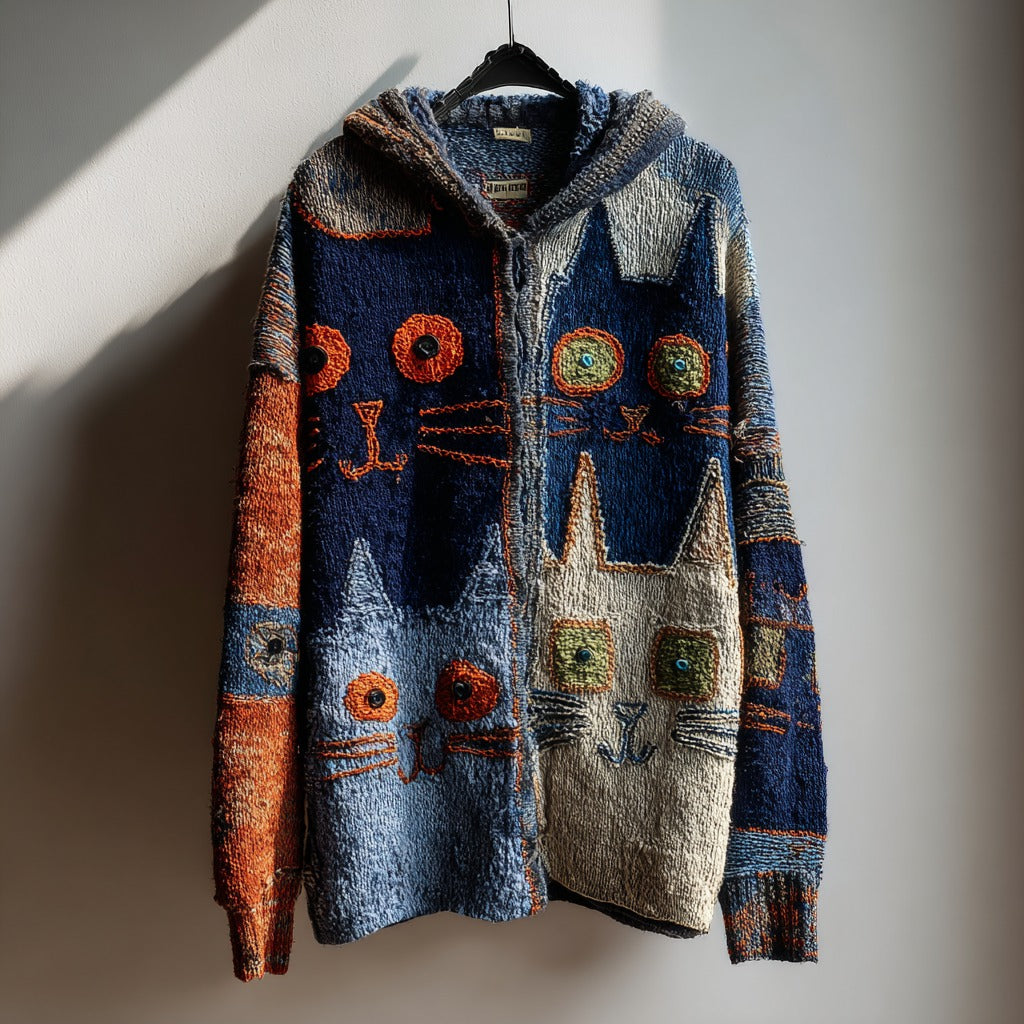 Women's Fun Yarn Cat Pattern Comfortable Warm Zip-up Hooded Sweater artswardrobe