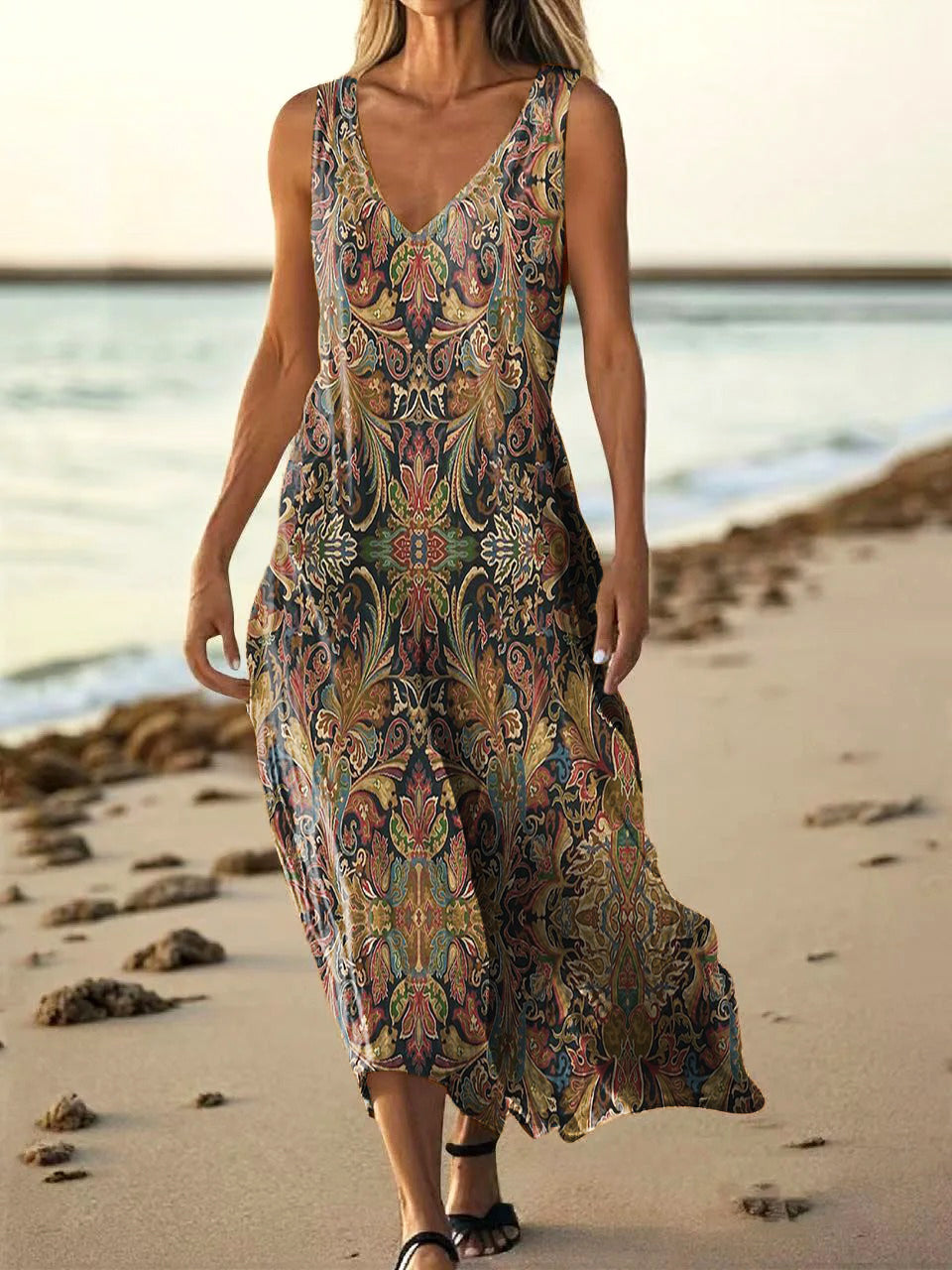 Women's Retro Ethnic Totem Art Pattern Print V-neck Sleeveless Cotton