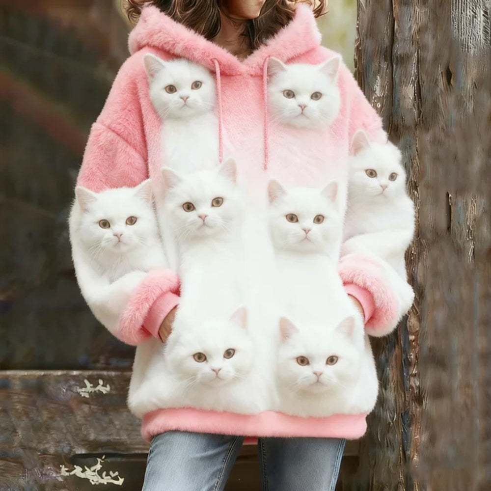 Comstylish Probe Cute Cat Flannel Hoodie