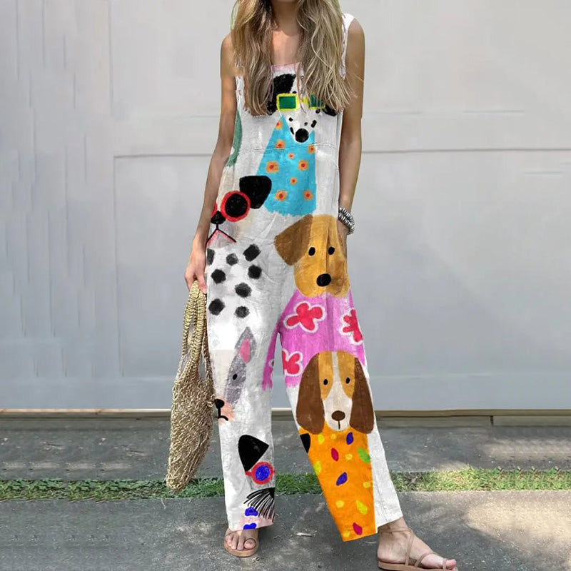 Comstylish Women'S Cartoon Dog Print Thin Suspender Casual Wide Leg Jumpsuit
