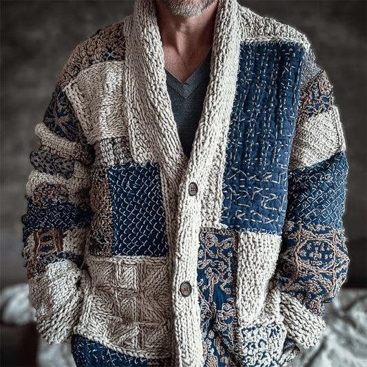 Men's Japanese Sashiko Embroidered Patchwork Cozy Knit Cardigan elevenforest