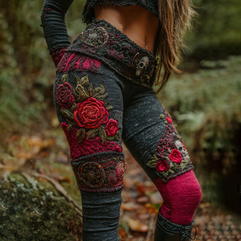 Comstylish Women's Vintage Viking Skull And Rose Patchwork Art Knit Leggings