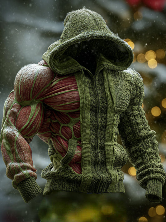 Men's Artistic Lines Coarse Needles Muscle Warmth Hooded Cardigan Sweater artswardrobe