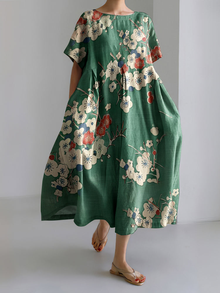 Vintage Plum Blossom Printed Crew Neck Casual Midi Dress