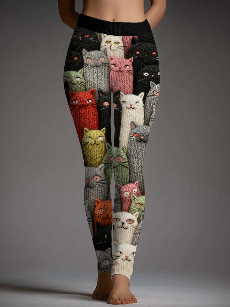 Comstylish Cute Crowded Cats Art Pattern Cozy Knit Leggings