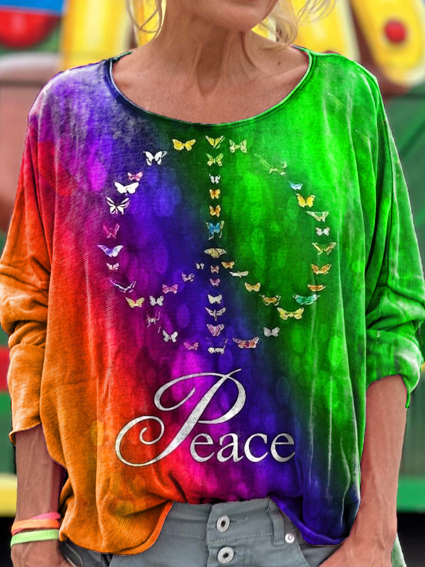 Tie-Dye Peace Loving Hippy Art Print Casual Long Sleeve T-Shirt