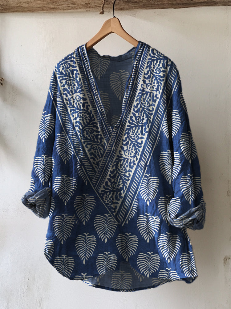 Comstylish Indigo Leaves Ethnic Block Print Beach Linen Tunic