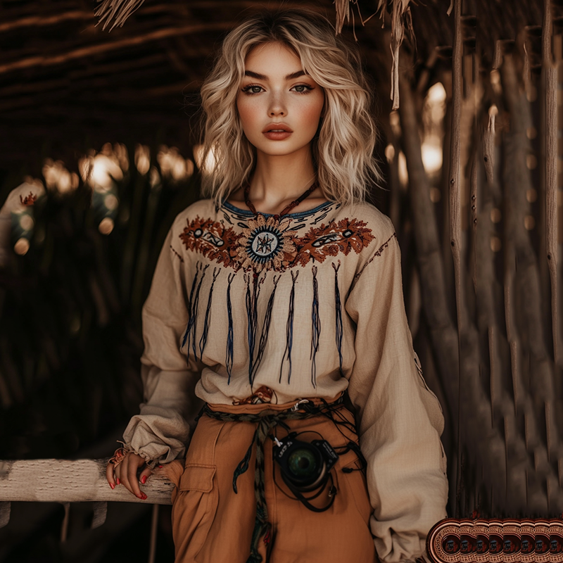 Vintage Tribal Fringe Linen Crew Neck Shirt artswardrobe