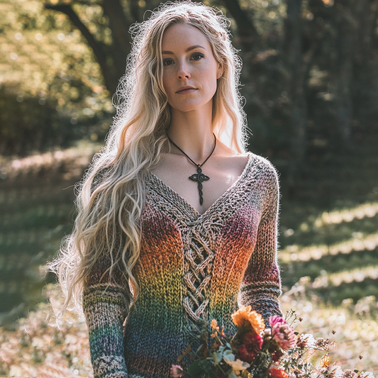 Vintage Rainbow V-neck Knitted Jacquard Irish Aran Sweater elevenforest