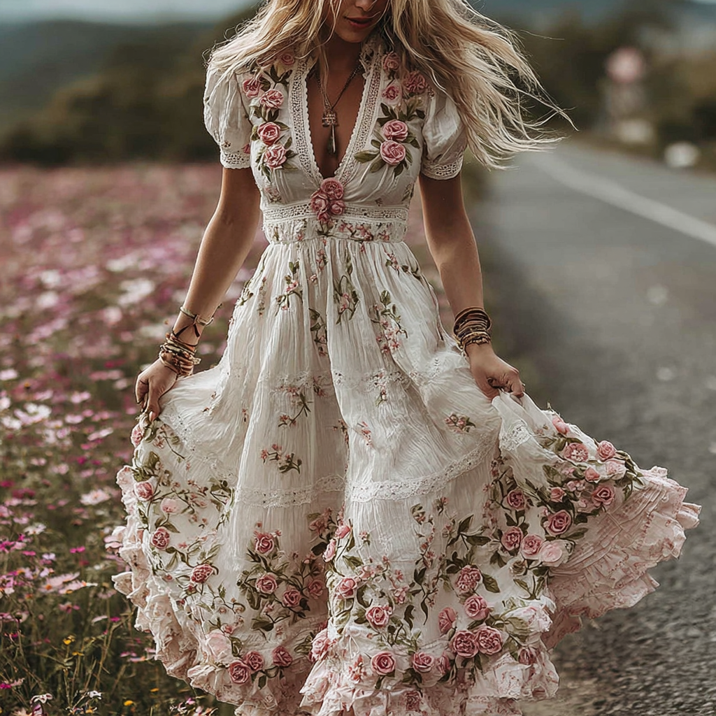 Women's Vintage Floral Embroidery Art Comfy Linen Maxi Dress artswardrobe