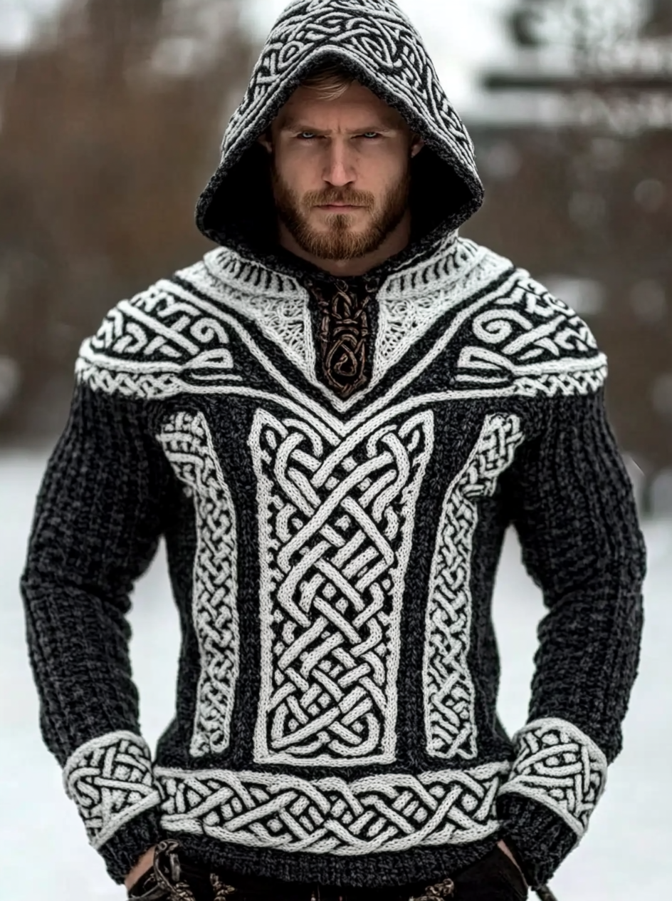 Men's Viking Tribal Jacquard Celtic Hooded Sweater elevenforest