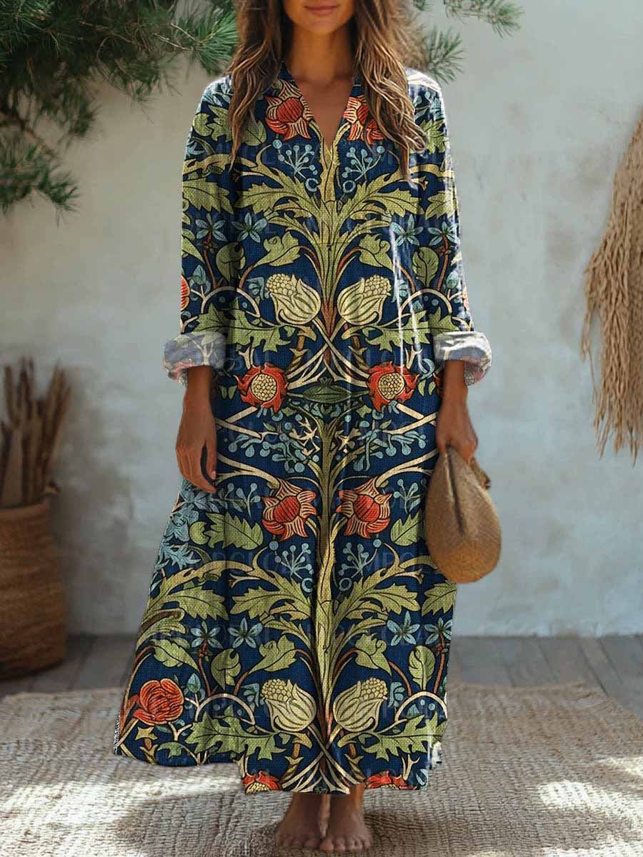 Women'S Vintage Floral Pattern Long-Sleeved Cotton And Linen Dress