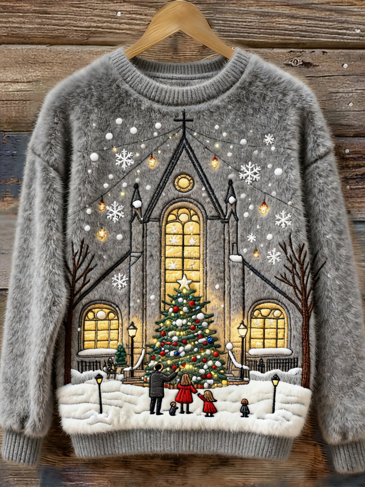 Christmas Church Embroidery Women's Cozy Plush Sweater