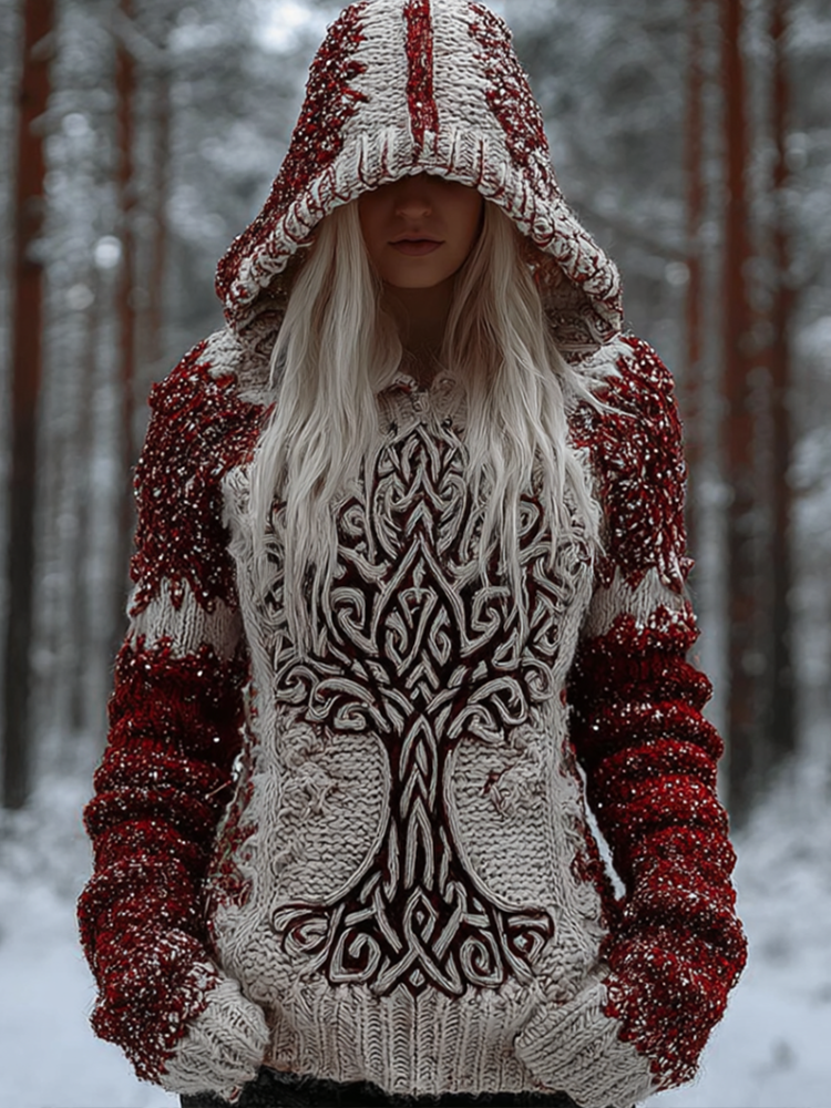 Viking Retro Style Women's Winter Warm Hooded Knit Sweater artswardrobe