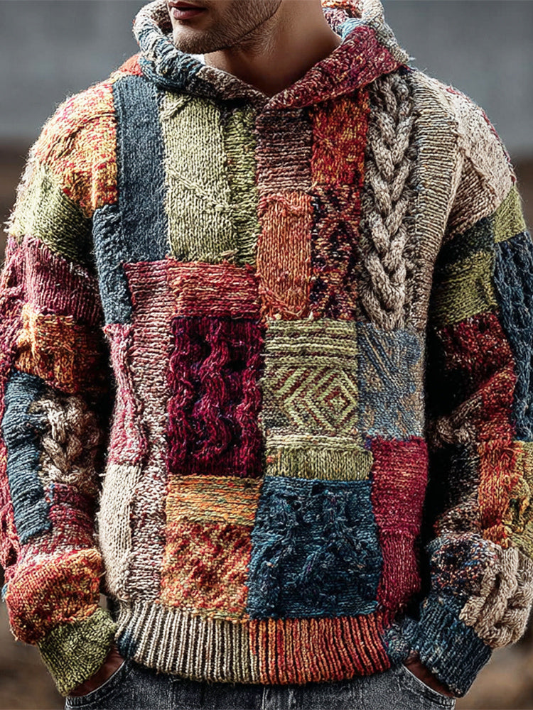 Vintage Geometric Patchwork Men's Chunky Knit Hooded Sweater artswardrobe