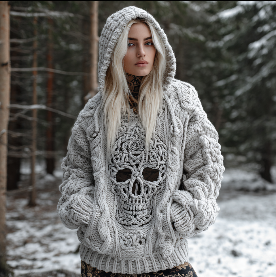 Halloween Skeleton Element Viking Style Women's Hooded Pullover Knit Sweater artswardrobe