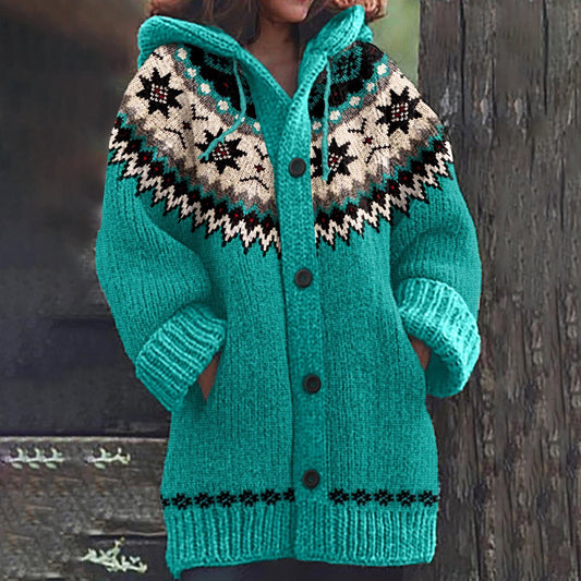 Vintage Fairman Island Geometric Print Hooded Sweater Cardigan elevenforest