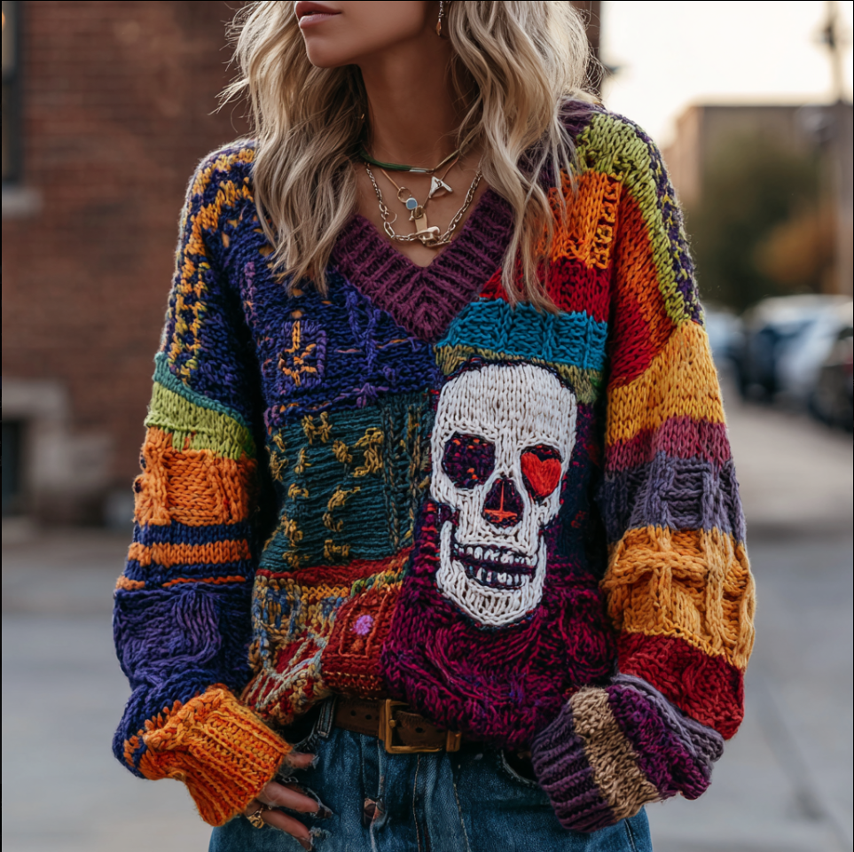 Women's V-neck Knitted Sweater With Halloween Geometric Color Blocks And Skull Patterns artswardrobe