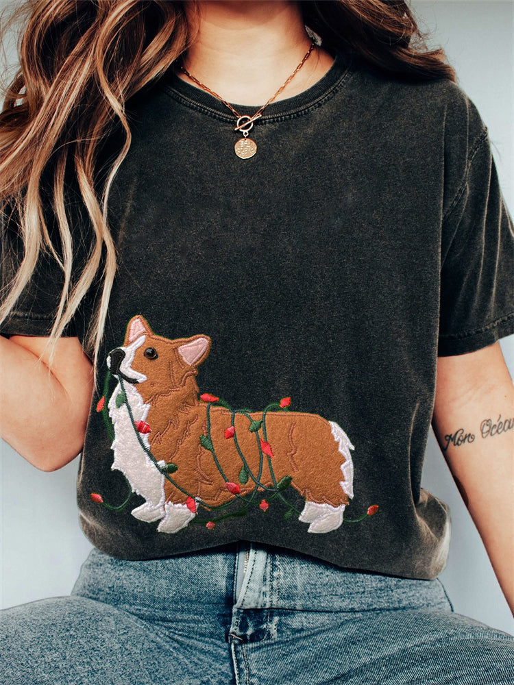 Comstylish Funny Christmas Corgi Dog Embroidered Washed T Shirt