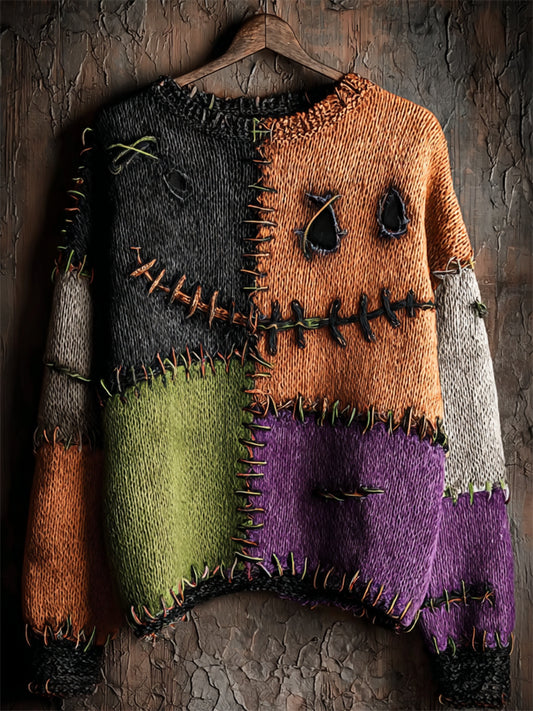 Halloween Stitched Face Colorblock Cozy Knit Sweater artswardrobe