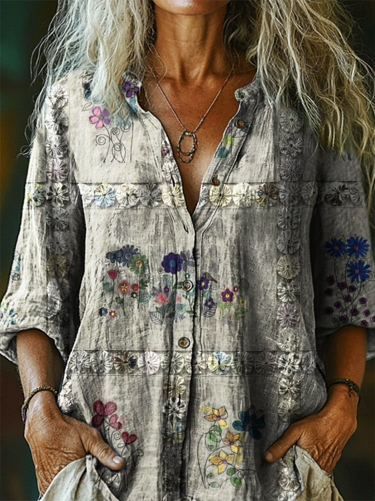 Women's Vintage Ethnic Floral Art Print Casual Cotton Linen Shirt