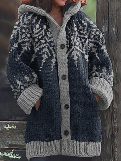 Vintage Fairman Island Geometric Print Hooded Sweater Cardigan elevenforest