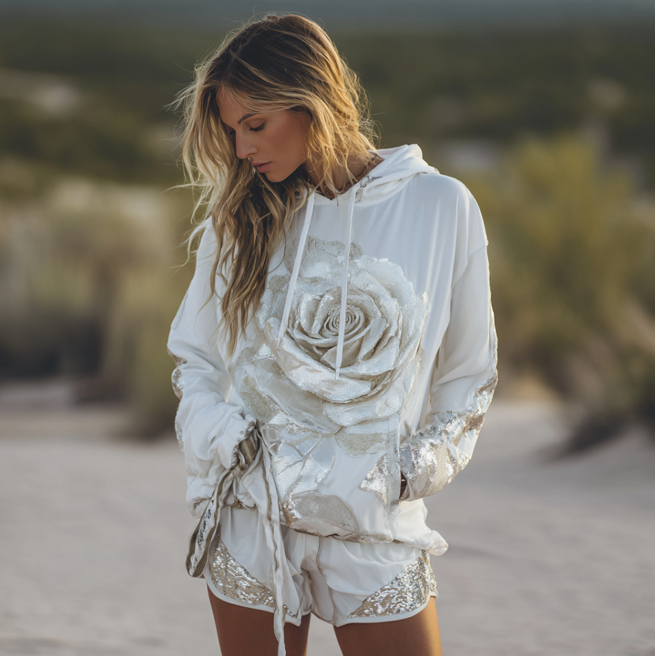 Comstylish Bohemian Style 3d Pink Rose With Sequins Women's Hooded Long-sleeve Sweatshirt