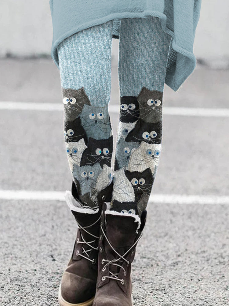 Denim Patchwork Cats Pattern Cozy Leggings elevenforest