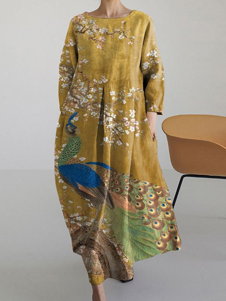 Japanese Vintage Floral Peacock Art Long Sleeve Midi Dress