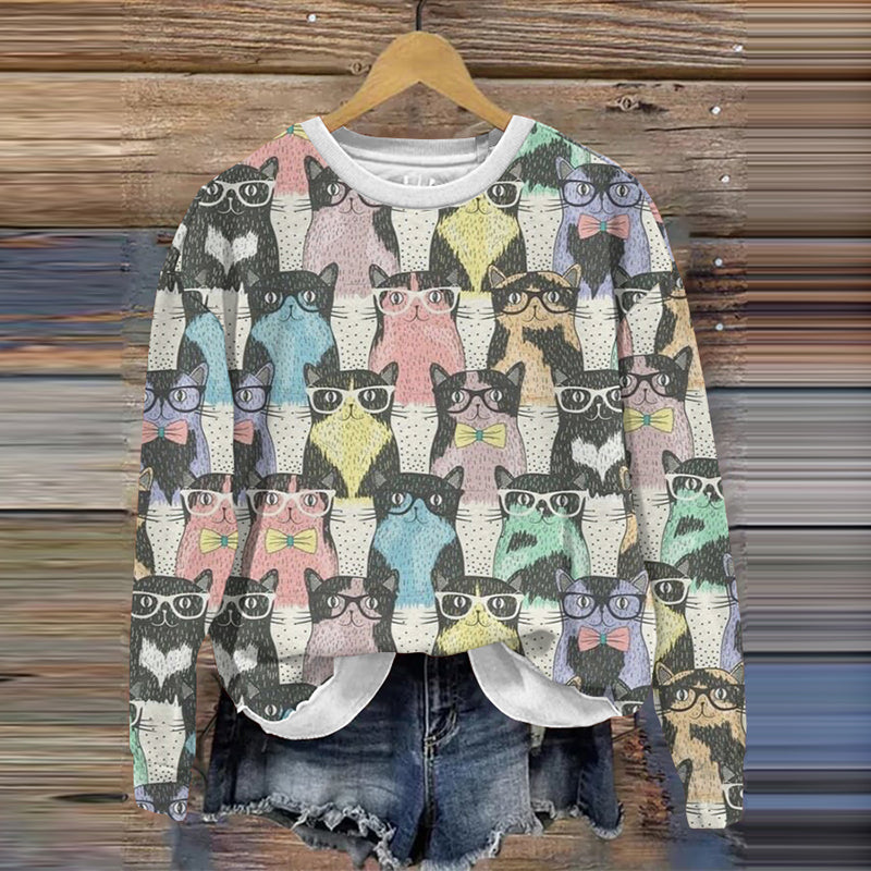 Women's Fun Bespectacled Cat Print Sweatshirt elevenforest