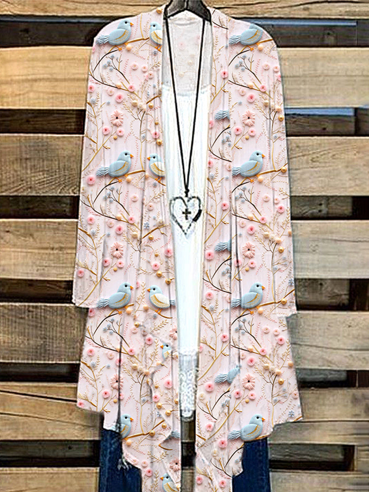 Birds & Flowers Embroidery Art Casual Cozy Cardigan artswardrobe