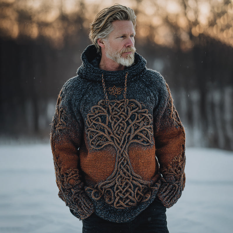 Men's Vintage Viking Tree Of Life Celtic Knot Gradient Art Jacquard Knitted Cozy Hooded Sweater artswardrobe