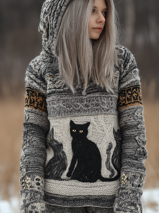 Women's Winter Warm Cat Design Hooded Knitted Sweater artswardrobe