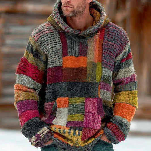 Men's Vintage Rainbow Style Colorblock Patchwork Cozy Knit Jacquard Fairman Island Jacquard Thick Warm Hooded Sweater elevenforest