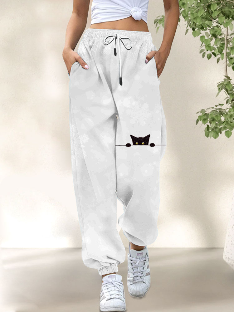 Women's Casual Funny Black Cat Print Pants elevenforest