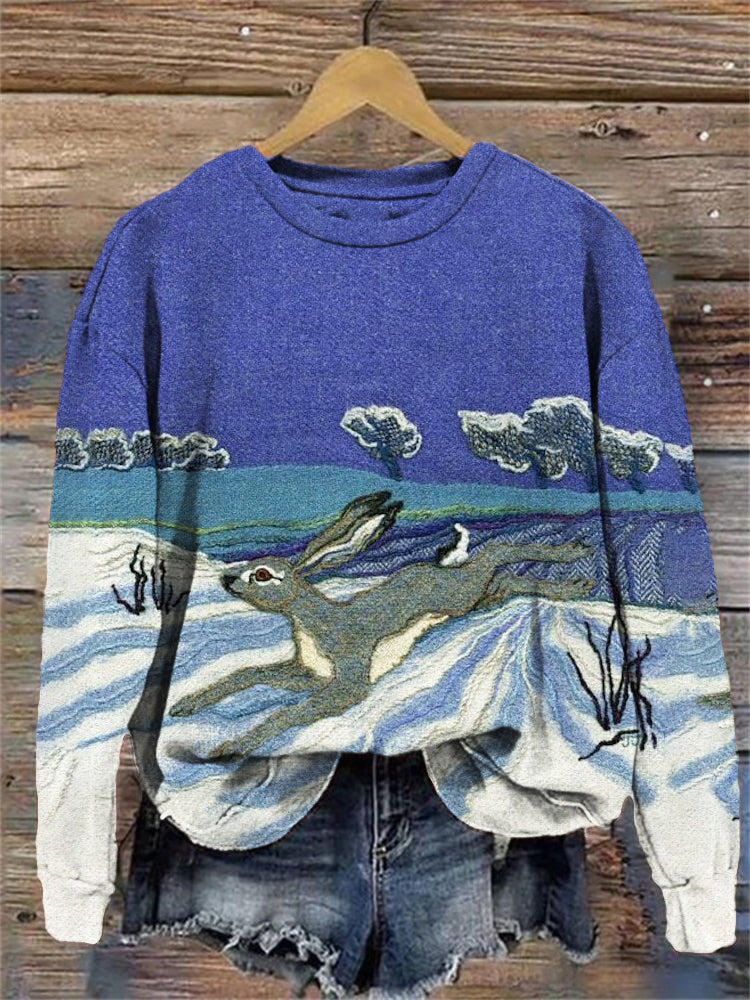 Snow & Rabbit Print Crew Neck Sweatshirt artswardrobe