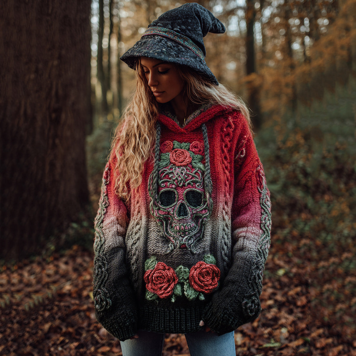 Women's Viking Tribal Jacquard Celtic With Rose And Skull Inspired Chunky Knit Hooded Sweater artswardrobe