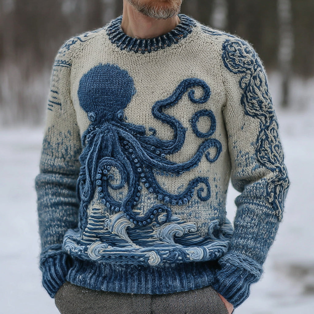 Men's Vintage Japanese Octopus Art Cozy Knit Pullover Sweater artswardrobe