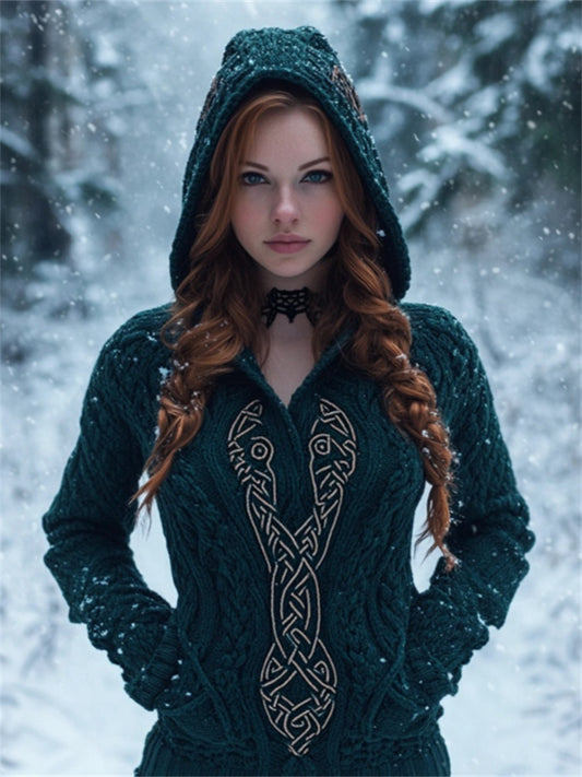 Vintage Norse Celtic Cozy Chunky Hooded Sweater artswardrobe