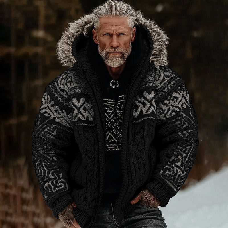 Men's Viking Celtic Art Cozy Fur Collar Knit Hooded Sweater Jacket artswardrobe