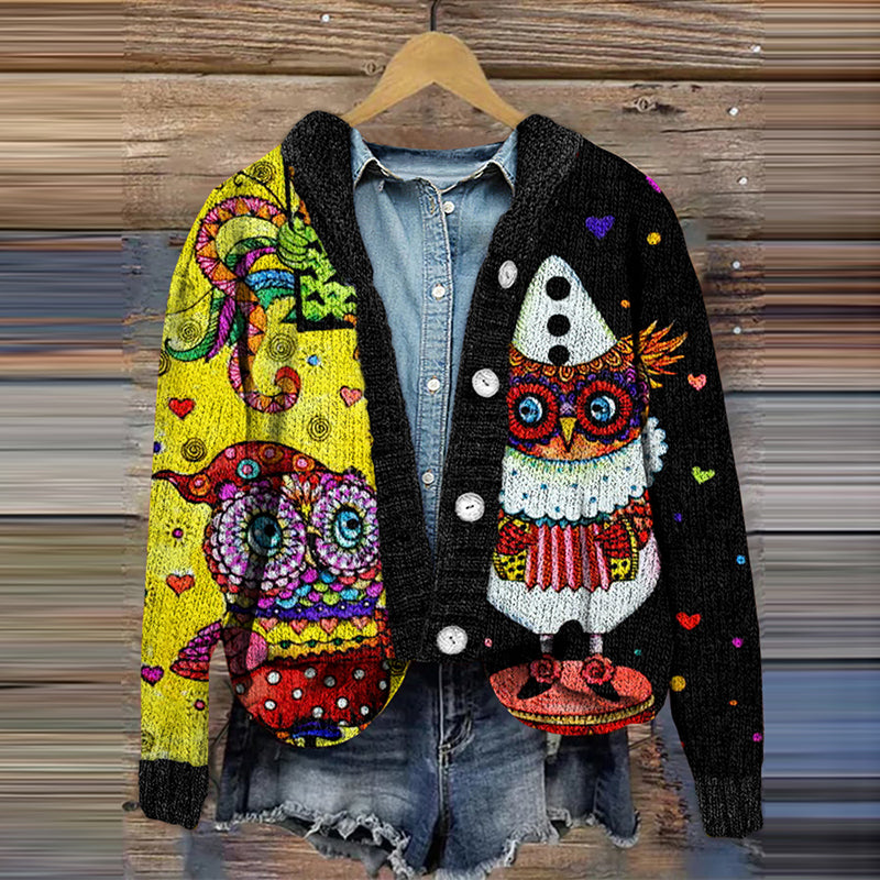 Women's Metallic Owl Contrast Cardigan Sweater artswardrobe