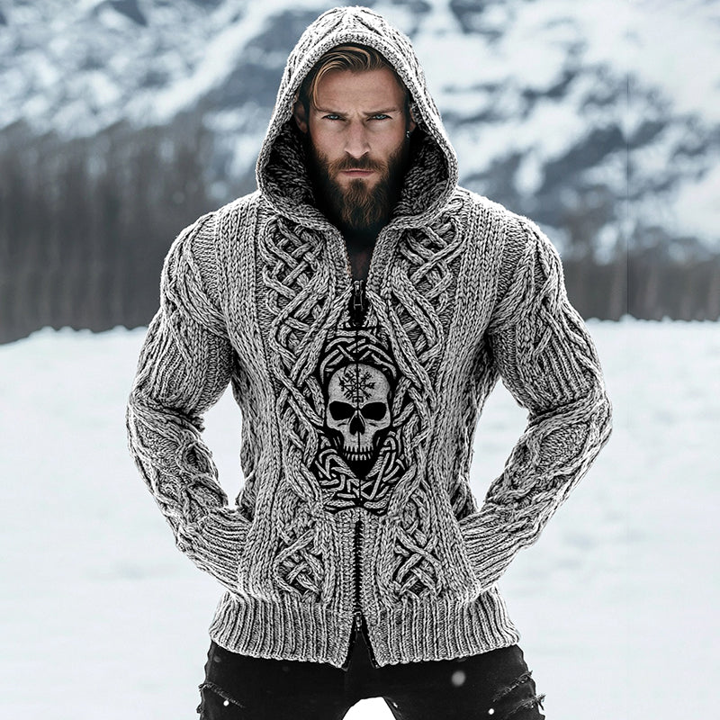 Men's Vintage Viking Runes Skull Inspired Celtic Zipper Hooded Cardigan artswardrobe