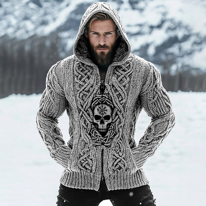 Men's Vintage Viking Runes Skull Inspired Celtic Zipper Hooded Cardigan artswardrobe