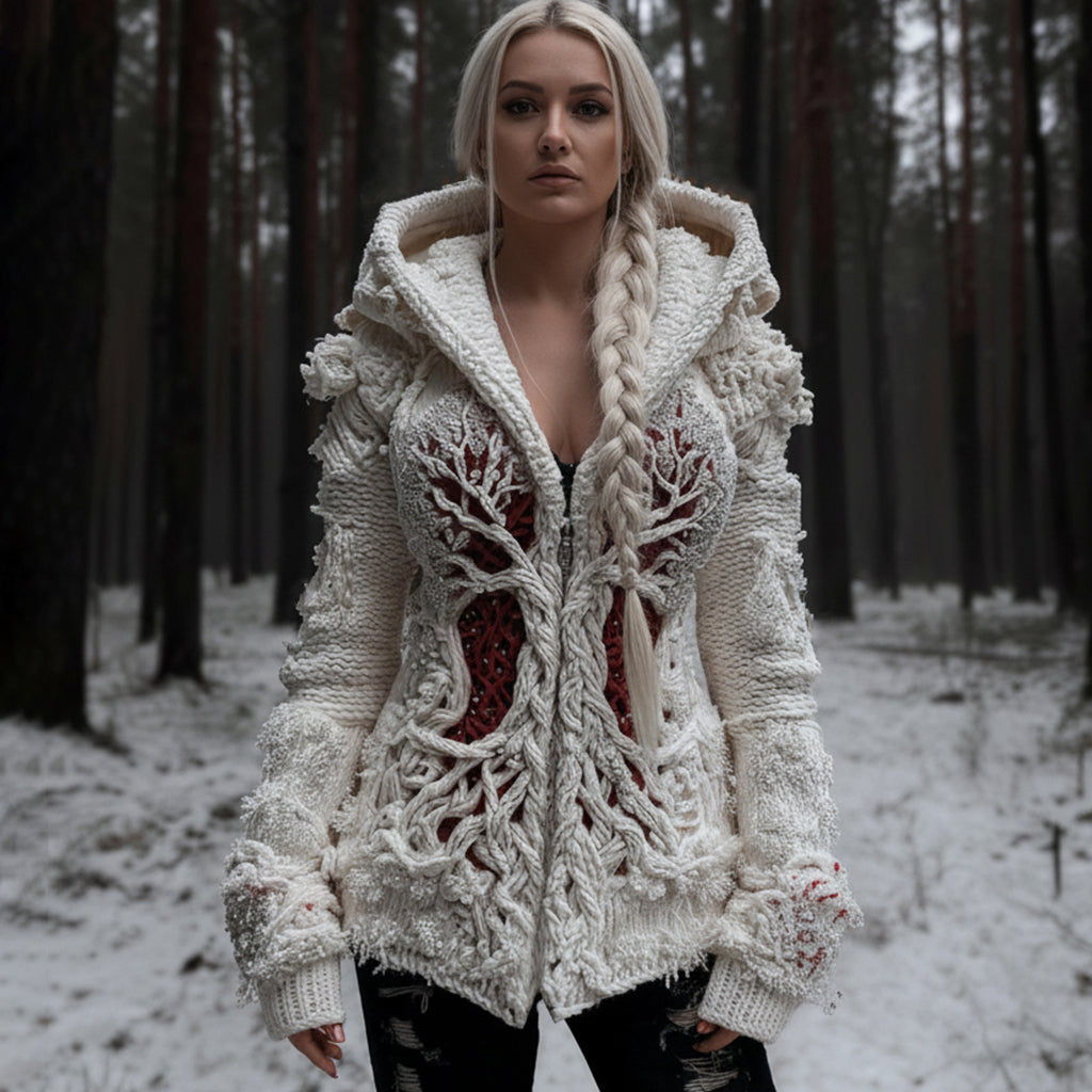 Women's Viking Tree Of Life Cable Knit Zip-up Hooded Sweater artswardrobe