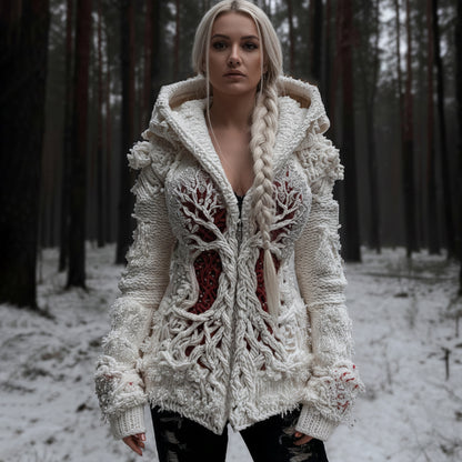 Women's Viking Tree Of Life Cable Knit Zip-up Hooded Sweater artswardrobe