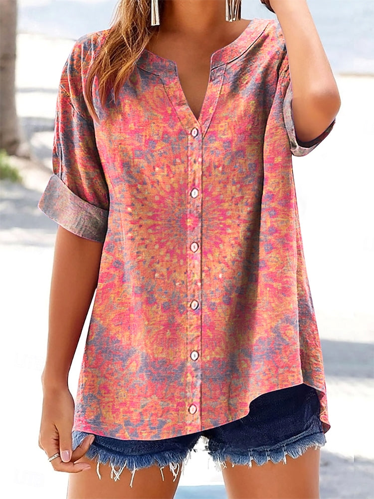 Women's Kaleidoscope Art Print Casual Short Sleeve Cotton and Linen Sh
