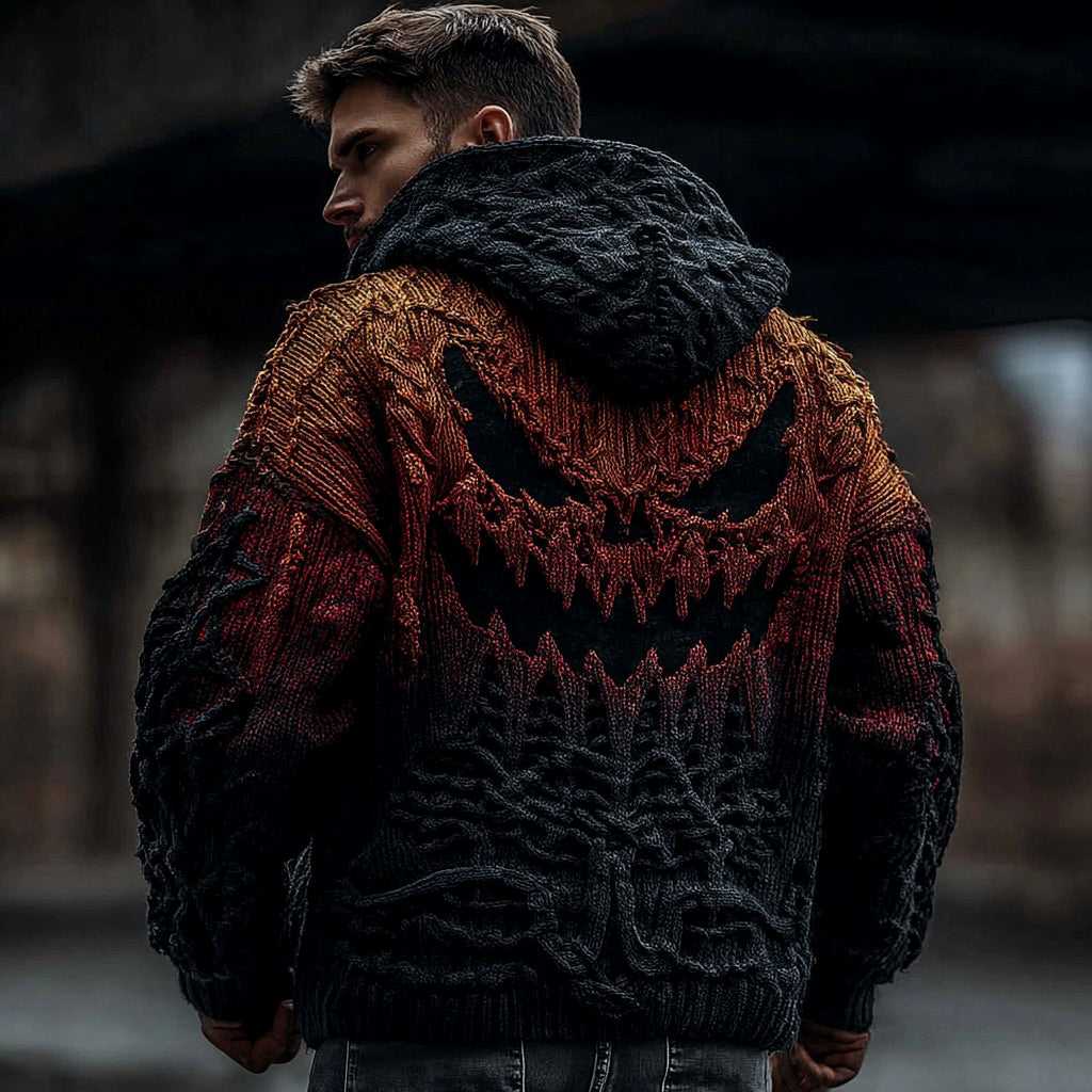 Viking Halloween Scared Pumpkin Face Jacquard Knit Twist Zip Hooded Sweater Cardigan artswardrobe