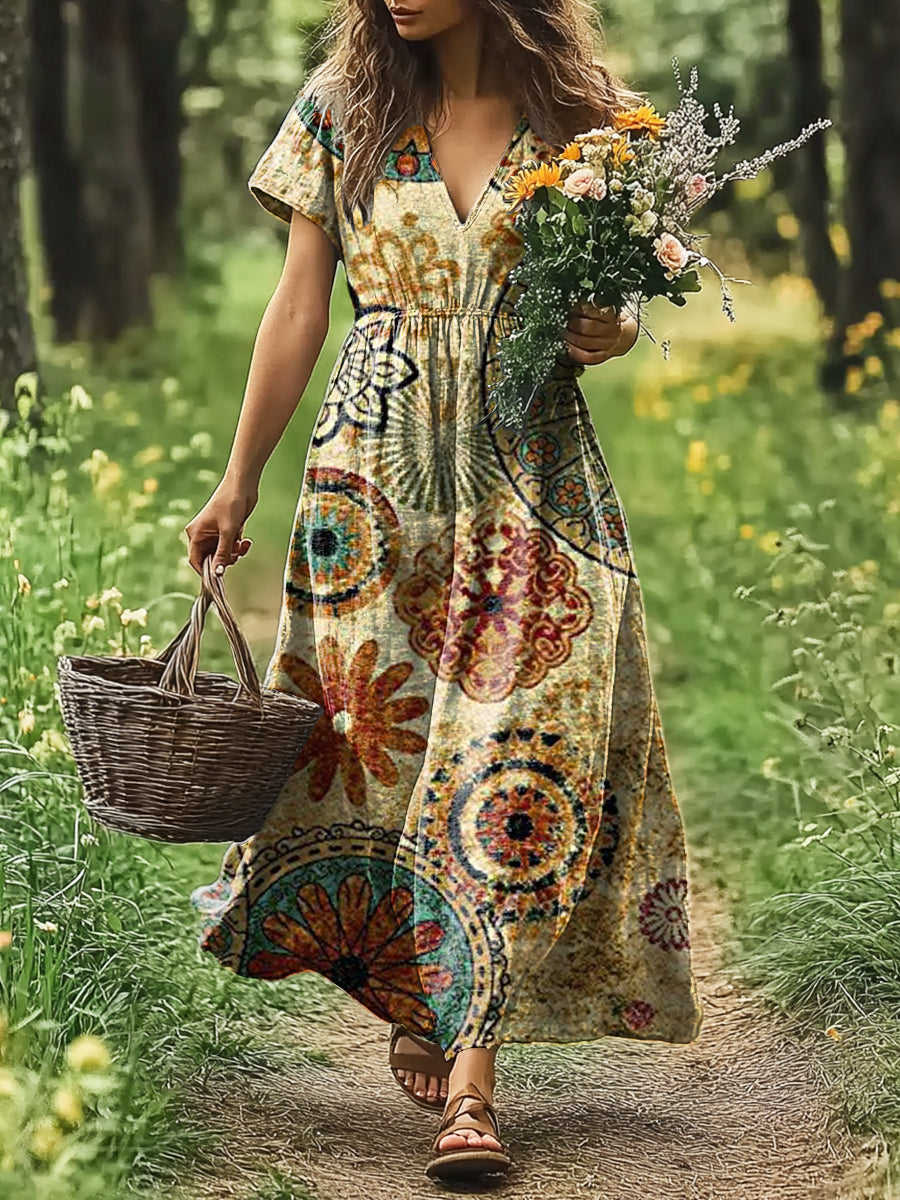 Women's Art Painting Ethnic Style Retro Print V-Neck Short Sleeve Dres